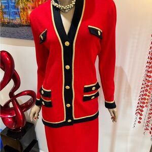 St. John Red skirt suit Blazer Gold Buttons  8 M jacket